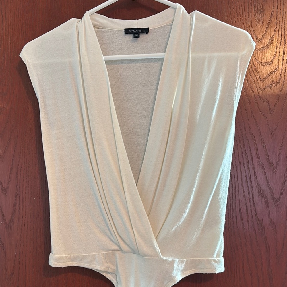Dynamite Olivaceous Cream Drape Front Bodysuit